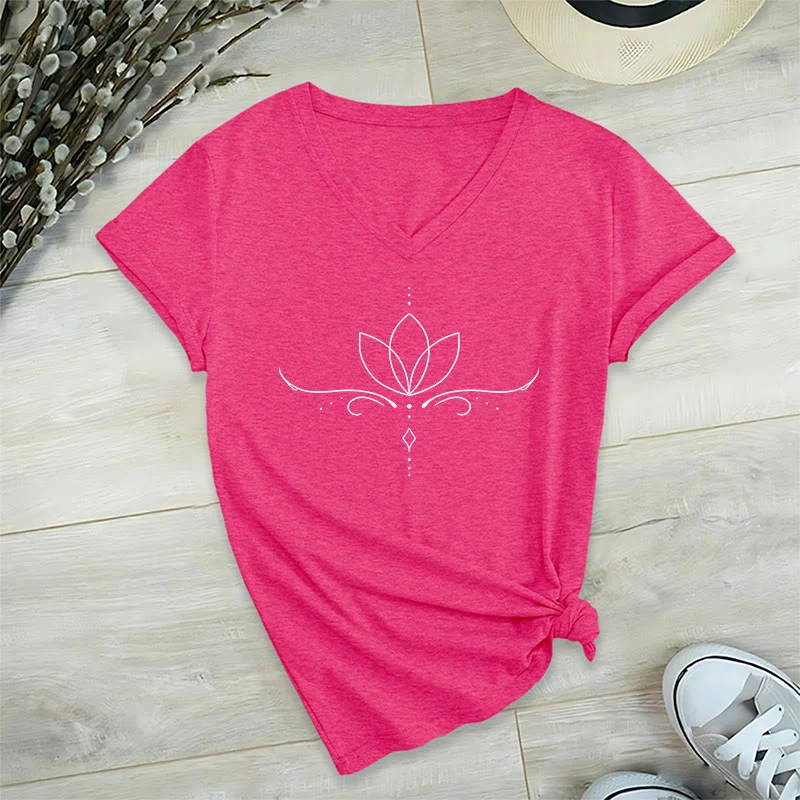 Olivenorma Elegantes Boho-T-Shirt mit Lotus-Punktlinien-Kunstdruck und Yoga-Motiv, V-Ausschnitt, für Damen