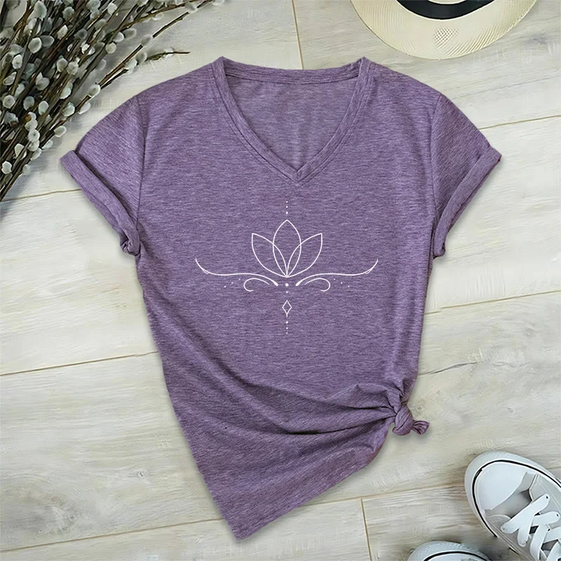 Olivenorma Elegantes Boho-T-Shirt mit Lotus-Punktlinien-Kunstdruck und Yoga-Motiv, V-Ausschnitt, für Damen