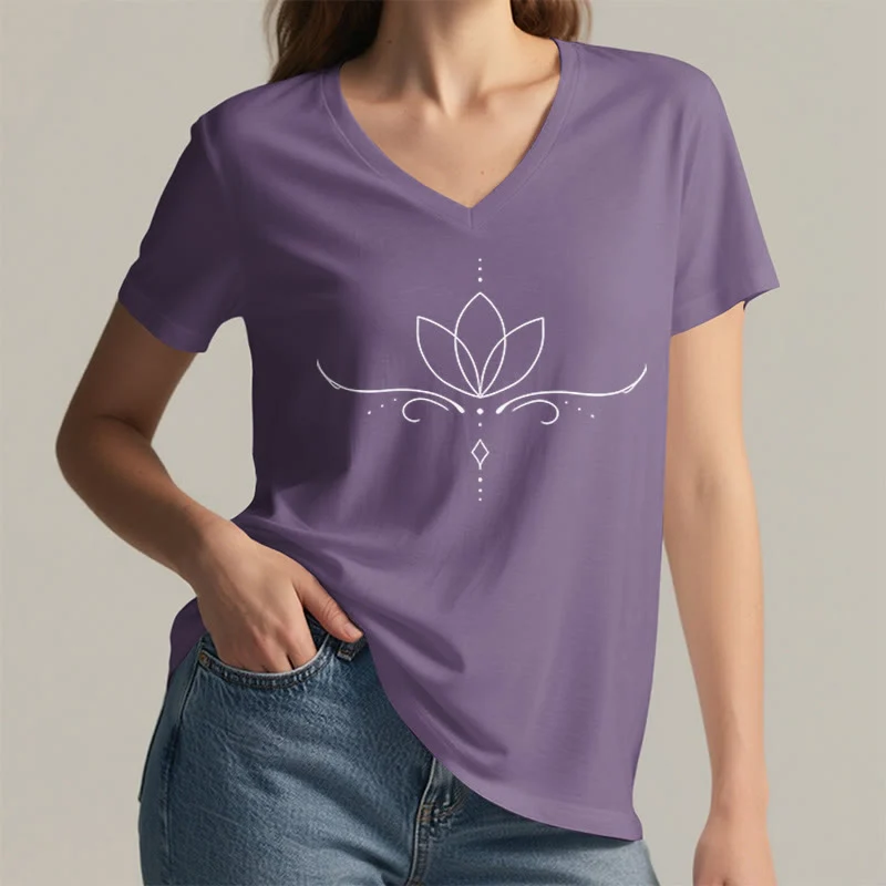 Olivenorma Elegantes Boho-T-Shirt mit Lotus-Punktlinien-Kunstdruck und Yoga-Motiv, V-Ausschnitt, für Damen