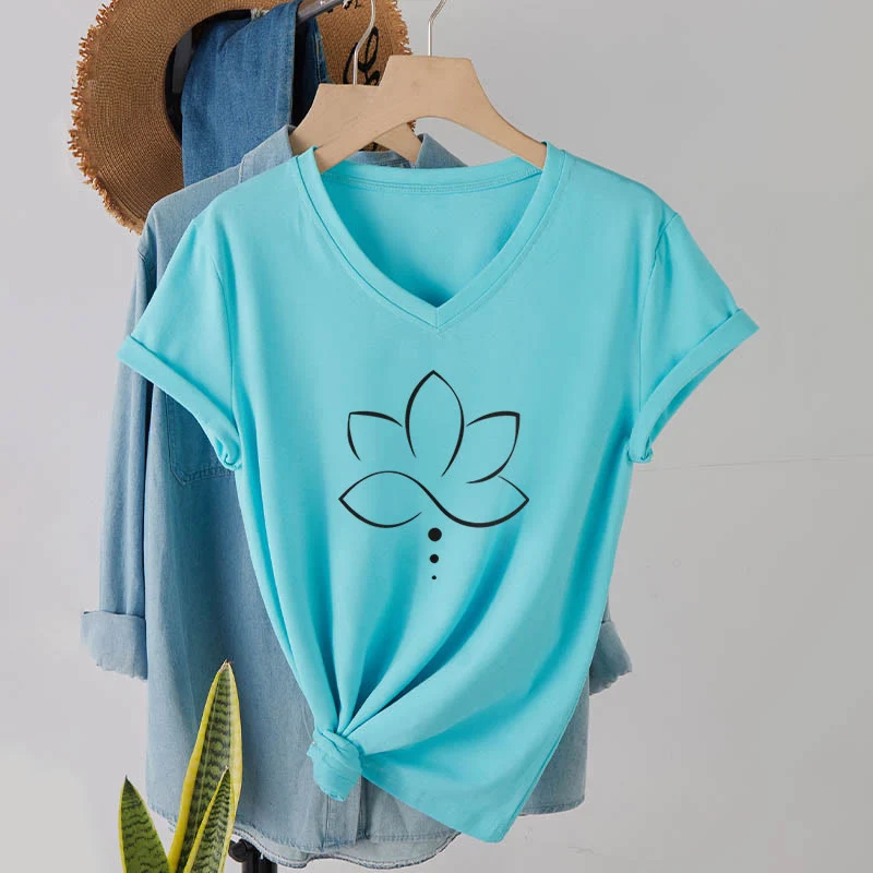 Olivenorma Minimal Thin Line Lotus Dot Chakra Spiritual Graphic Damen-T-Shirt mit V-Ausschnitt