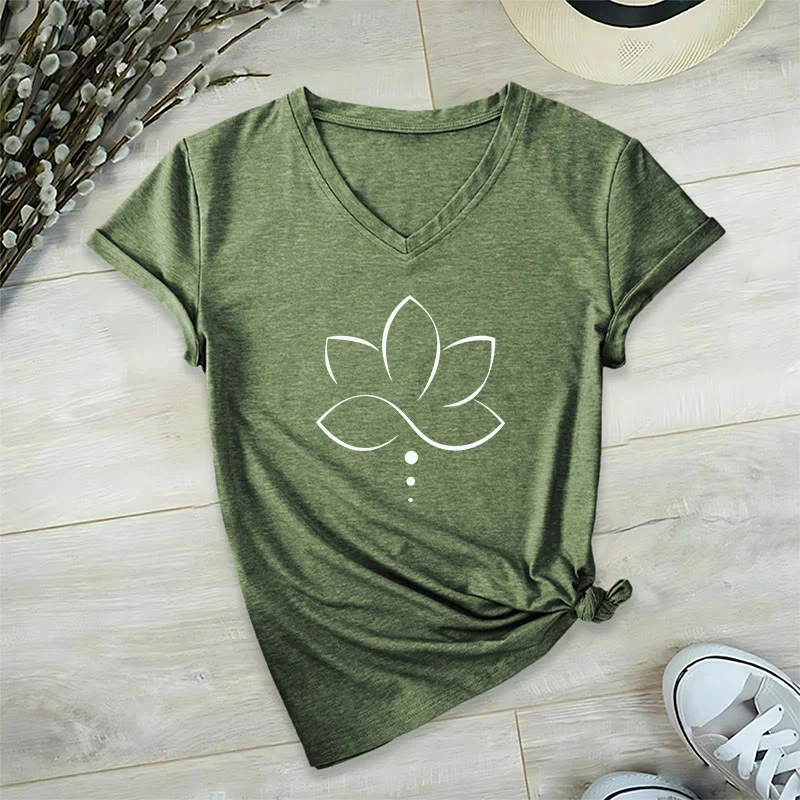 Olivenorma Minimal Thin Line Lotus Dot Chakra Spiritual Graphic Damen-T-Shirt mit V-Ausschnitt