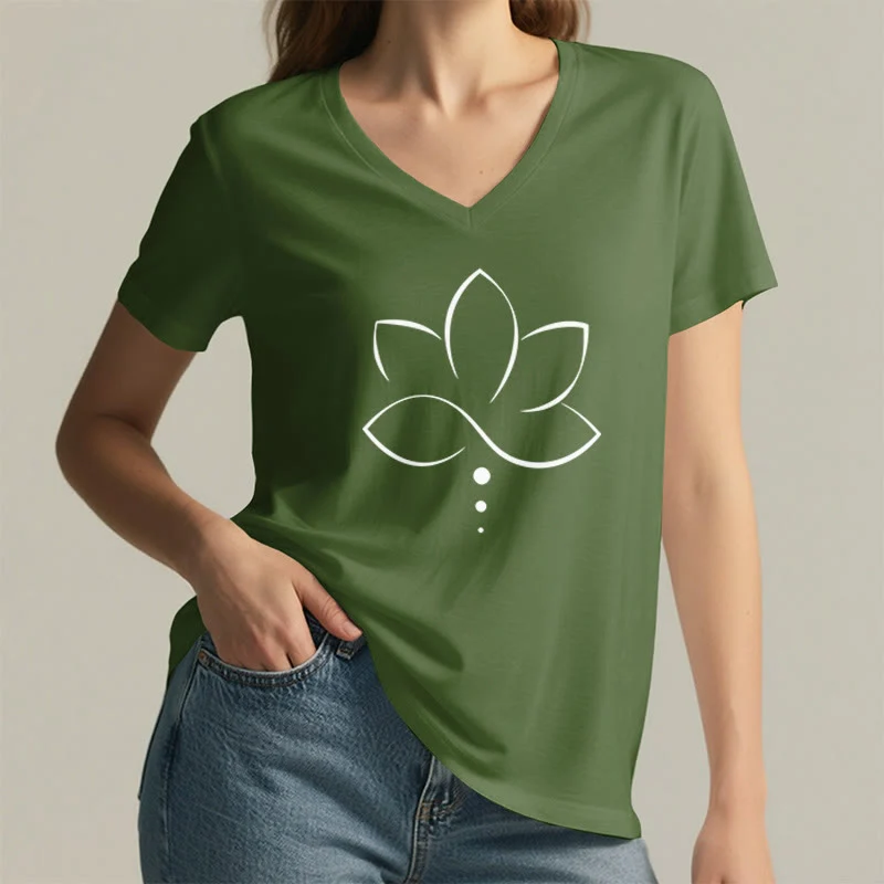 Olivenorma Minimal Thin Line Lotus Dot Chakra Spiritual Graphic Damen-T-Shirt mit V-Ausschnitt