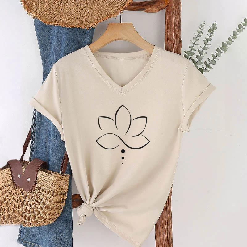Olivenorma Minimal Thin Line Lotus Dot Chakra Spiritual Graphic Damen-T-Shirt mit V-Ausschnitt
