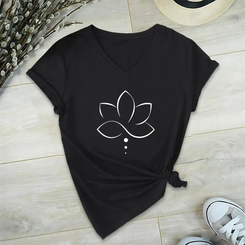 Olivenorma Minimal Thin Line Lotus Dot Chakra Spiritual Graphic Damen-T-Shirt mit V-Ausschnitt