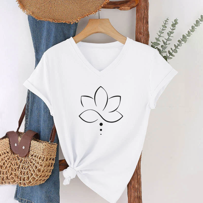 Olivenorma Minimal Thin Line Lotus Dot Chakra Spiritual Graphic Damen-T-Shirt mit V-Ausschnitt
