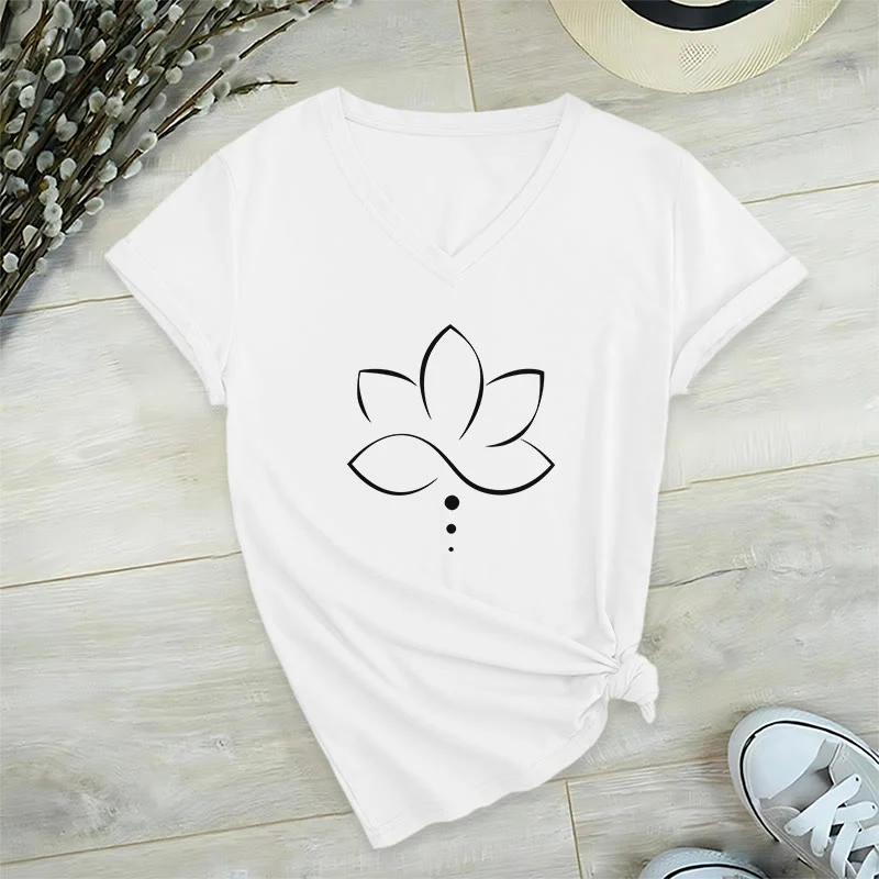 Olivenorma Minimal Thin Line Lotus Dot Chakra Spiritual Graphic Damen-T-Shirt mit V-Ausschnitt