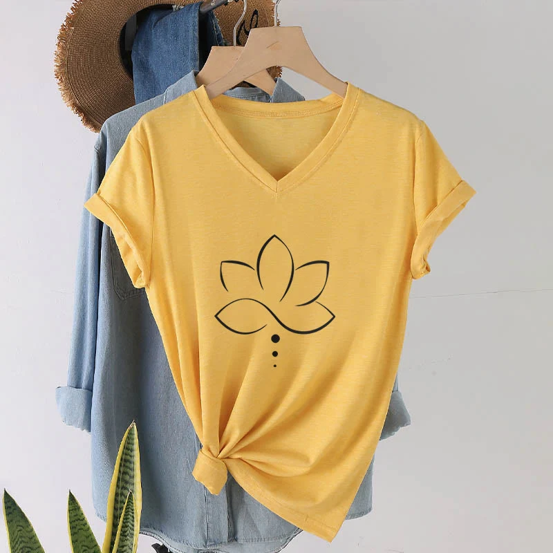 Olivenorma Minimal Thin Line Lotus Dot Chakra Spiritual Graphic Damen-T-Shirt mit V-Ausschnitt
