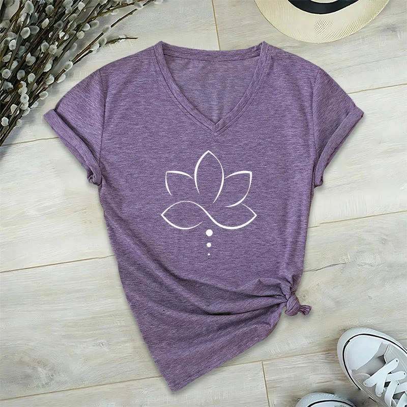 Olivenorma Minimal Thin Line Lotus Dot Chakra Spiritual Graphic Damen-T-Shirt mit V-Ausschnitt