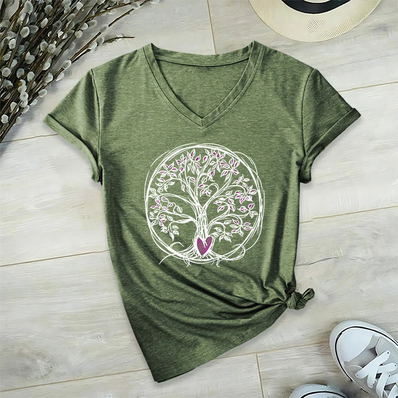 Olivenorma Circle Heart Root Tree Of Life Boho Graphic Damen-T-Shirt mit V-Ausschnitt