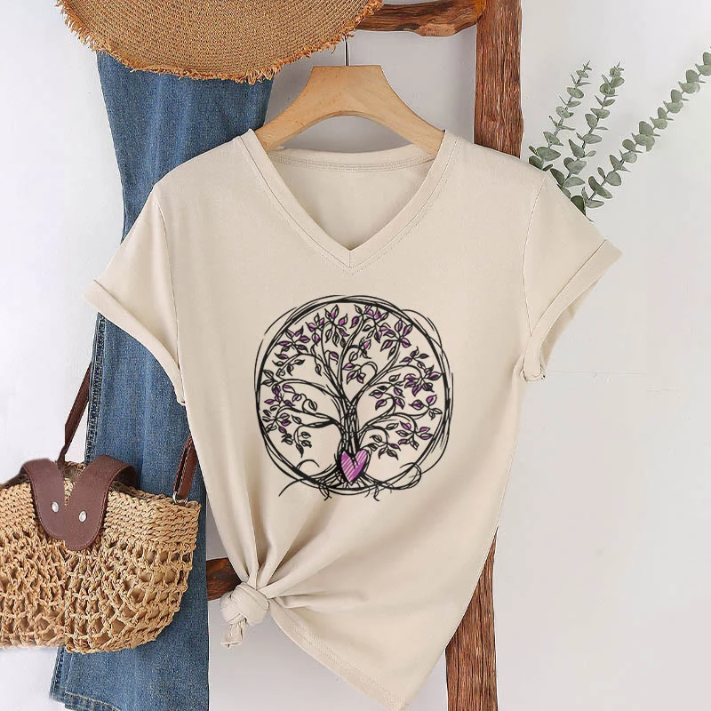 Olivenorma Circle Heart Root Tree Of Life Boho Graphic Damen-T-Shirt mit V-Ausschnitt