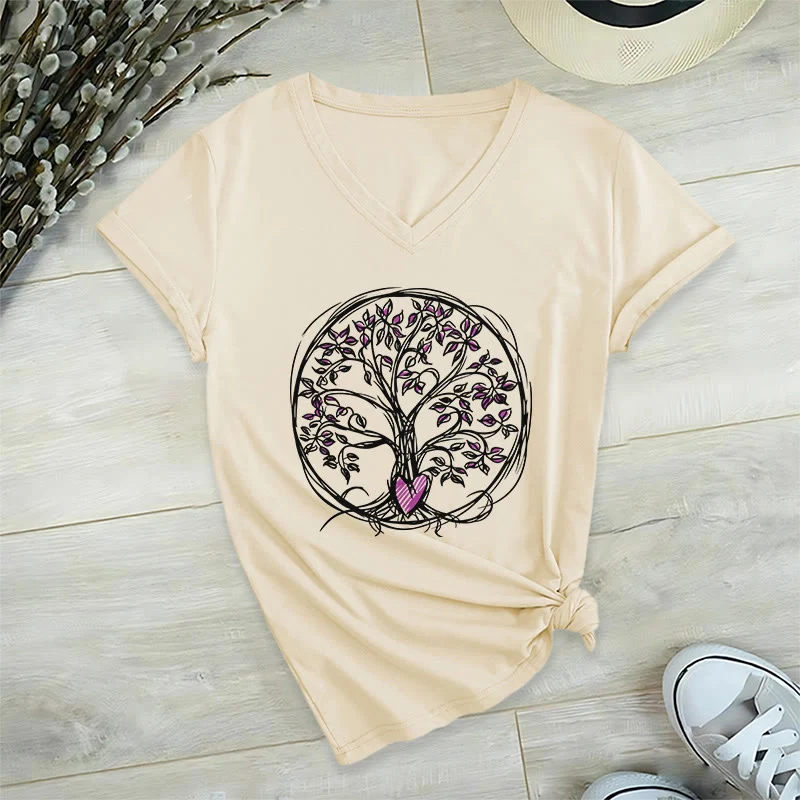Olivenorma Circle Heart Root Tree Of Life Boho Graphic Damen-T-Shirt mit V-Ausschnitt