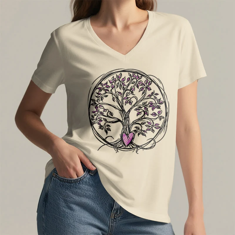 Olivenorma Circle Heart Root Tree Of Life Boho Graphic Damen-T-Shirt mit V-Ausschnitt
