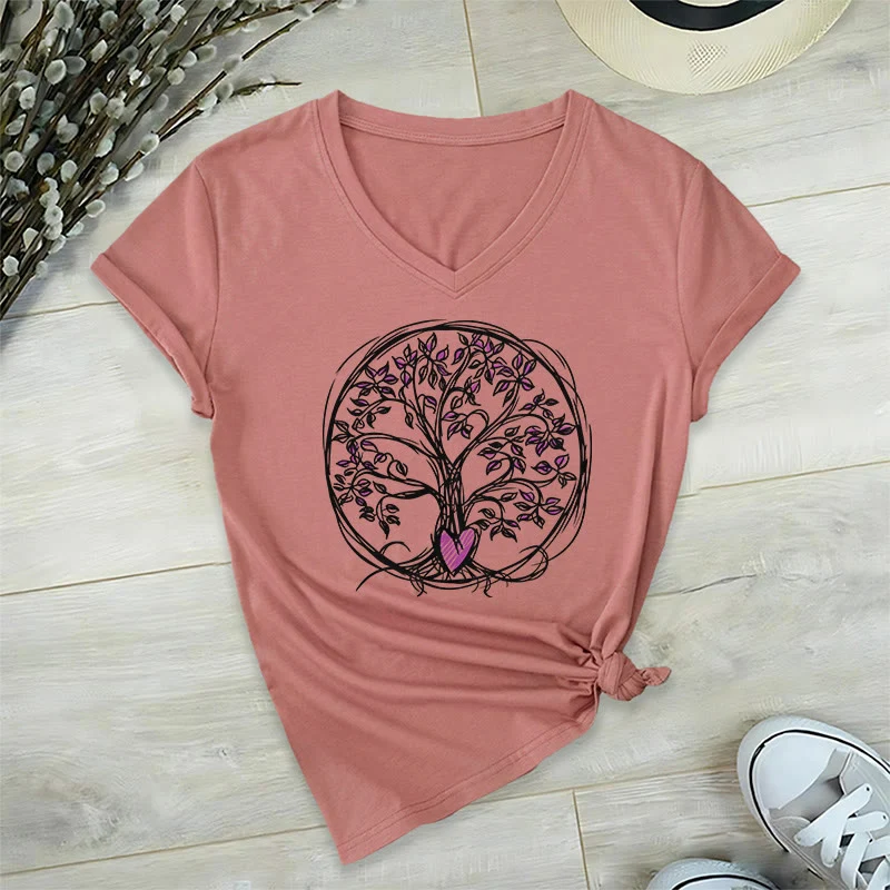 Olivenorma Circle Heart Root Tree Of Life Boho Graphic Damen-T-Shirt mit V-Ausschnitt