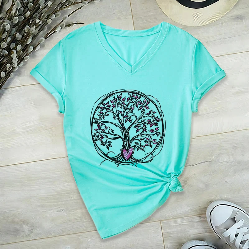 Olivenorma Circle Heart Root Tree Of Life Boho Graphic Damen-T-Shirt mit V-Ausschnitt
