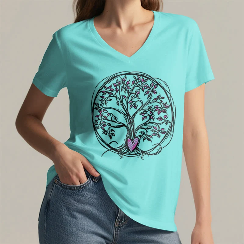 Olivenorma Circle Heart Root Tree Of Life Boho Graphic Damen-T-Shirt mit V-Ausschnitt