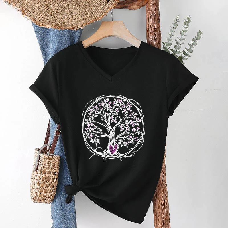 Olivenorma Circle Heart Root Tree Of Life Boho Graphic Damen-T-Shirt mit V-Ausschnitt