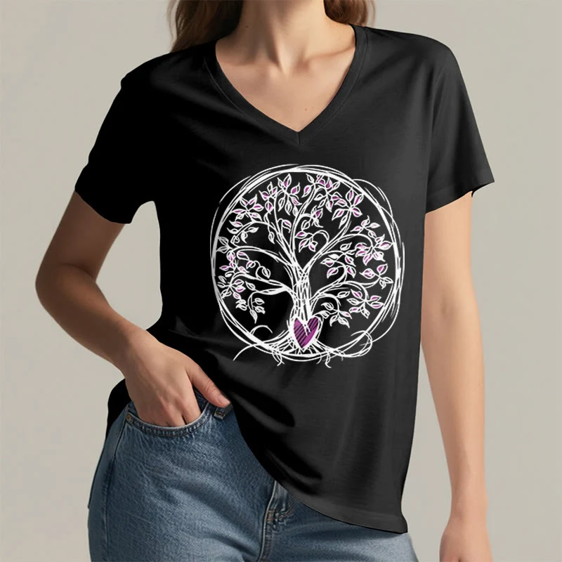Olivenorma Circle Heart Root Tree Of Life Boho Graphic Damen-T-Shirt mit V-Ausschnitt