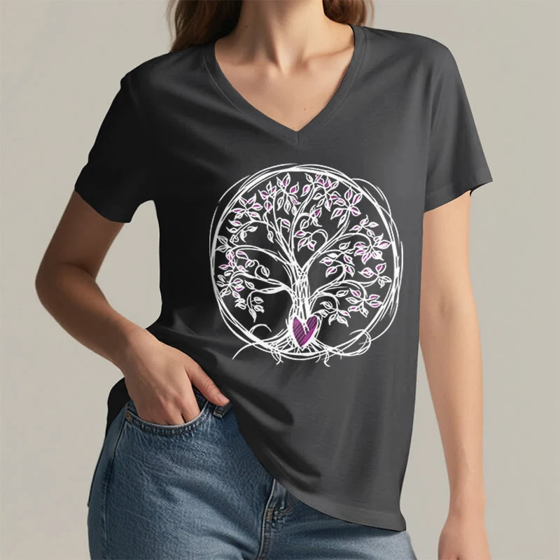 Olivenorma Circle Heart Root Tree Of Life Boho Graphic Damen-T-Shirt mit V-Ausschnitt