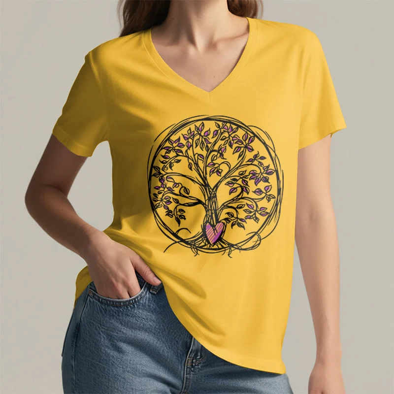 Olivenorma Circle Heart Root Tree Of Life Boho Graphic Damen-T-Shirt mit V-Ausschnitt