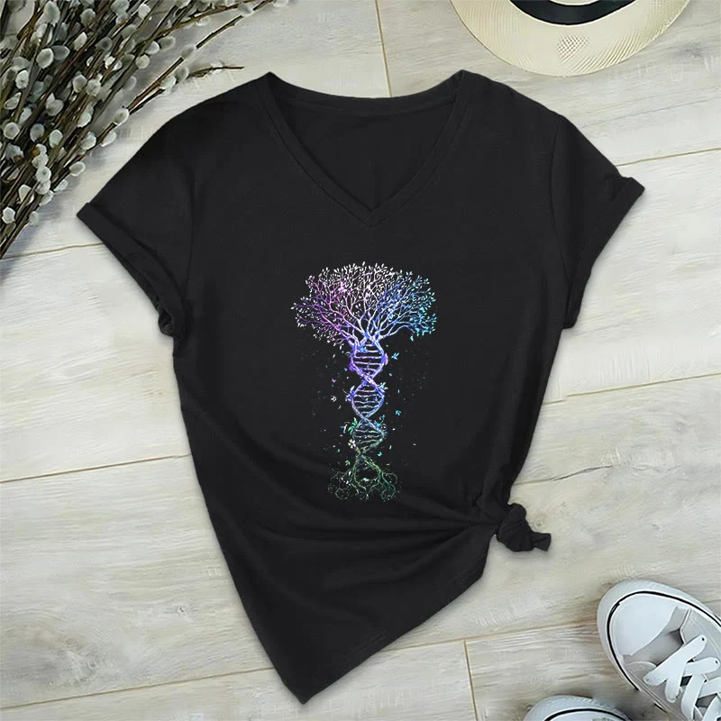 Olivenorma Boho Farbverlauf DNA Baum Lebens Kunstdruck Damen V-Ausschnitt T-Shirt