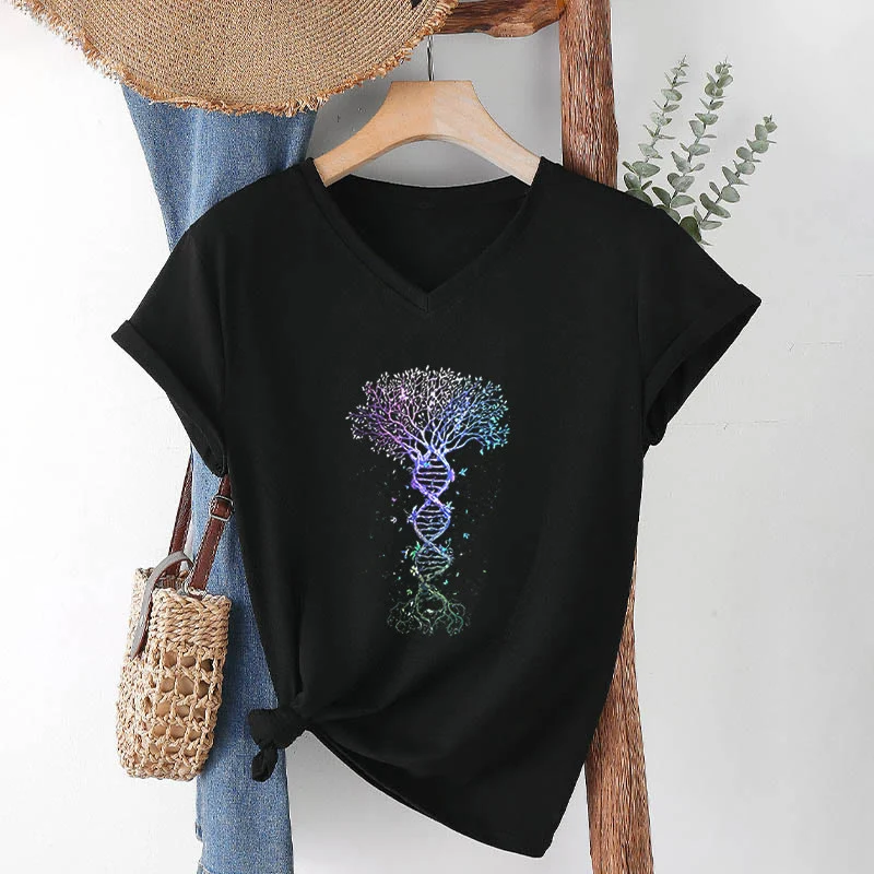 Olivenorma Boho Farbverlauf DNA Baum Lebens Kunstdruck Damen V-Ausschnitt T-Shirt