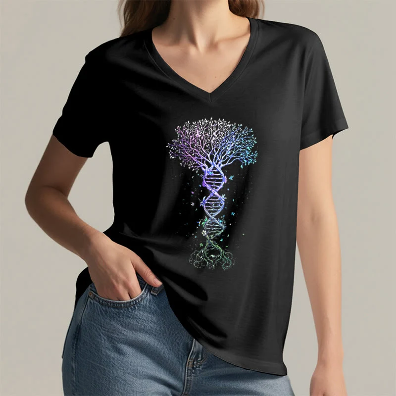 Olivenorma Boho Farbverlauf DNA Baum Lebens Kunstdruck Damen V-Ausschnitt T-Shirt
