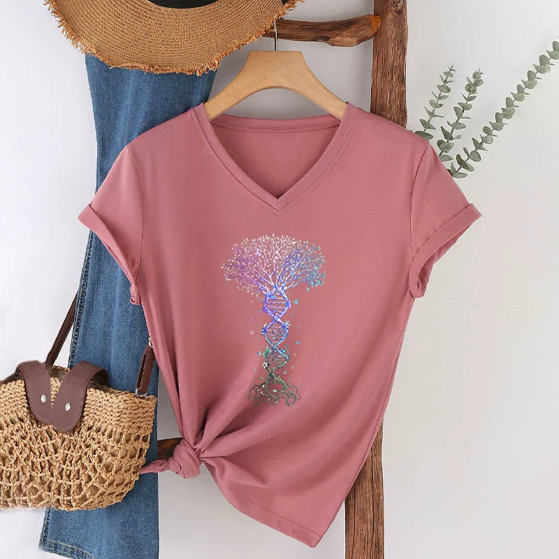 Olivenorma Boho Farbverlauf DNA Baum Lebens Kunstdruck Damen V-Ausschnitt T-Shirt