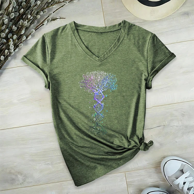 Olivenorma Boho Farbverlauf DNA Baum Lebens Kunstdruck Damen V-Ausschnitt T-Shirt