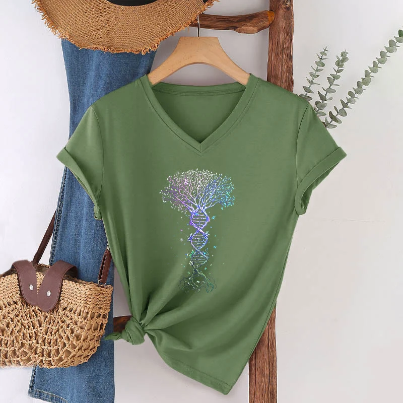 Olivenorma Boho Farbverlauf DNA Baum Lebens Kunstdruck Damen V-Ausschnitt T-Shirt