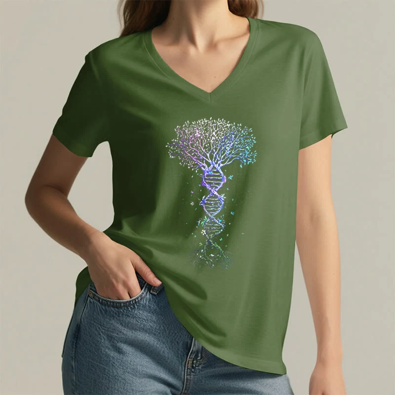 Olivenorma Boho Farbverlauf DNA Baum Lebens Kunstdruck Damen V-Ausschnitt T-Shirt