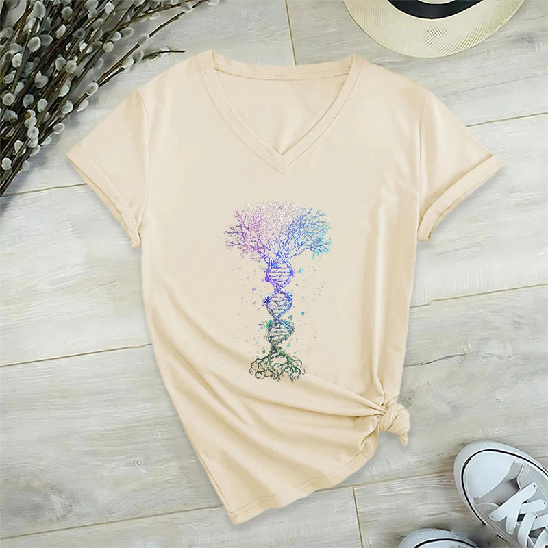 Olivenorma Boho Farbverlauf DNA Baum Lebens Kunstdruck Damen V-Ausschnitt T-Shirt