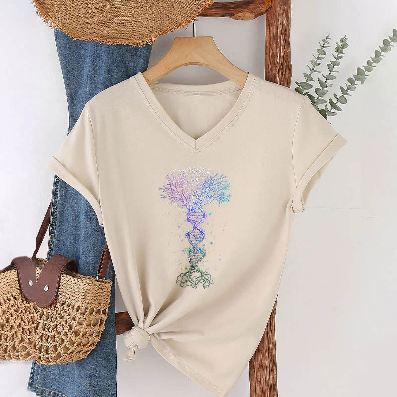 Olivenorma Boho Farbverlauf DNA Baum Lebens Kunstdruck Damen V-Ausschnitt T-Shirt