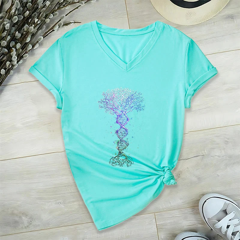 Olivenorma Boho Farbverlauf DNA Baum Lebens Kunstdruck Damen V-Ausschnitt T-Shirt