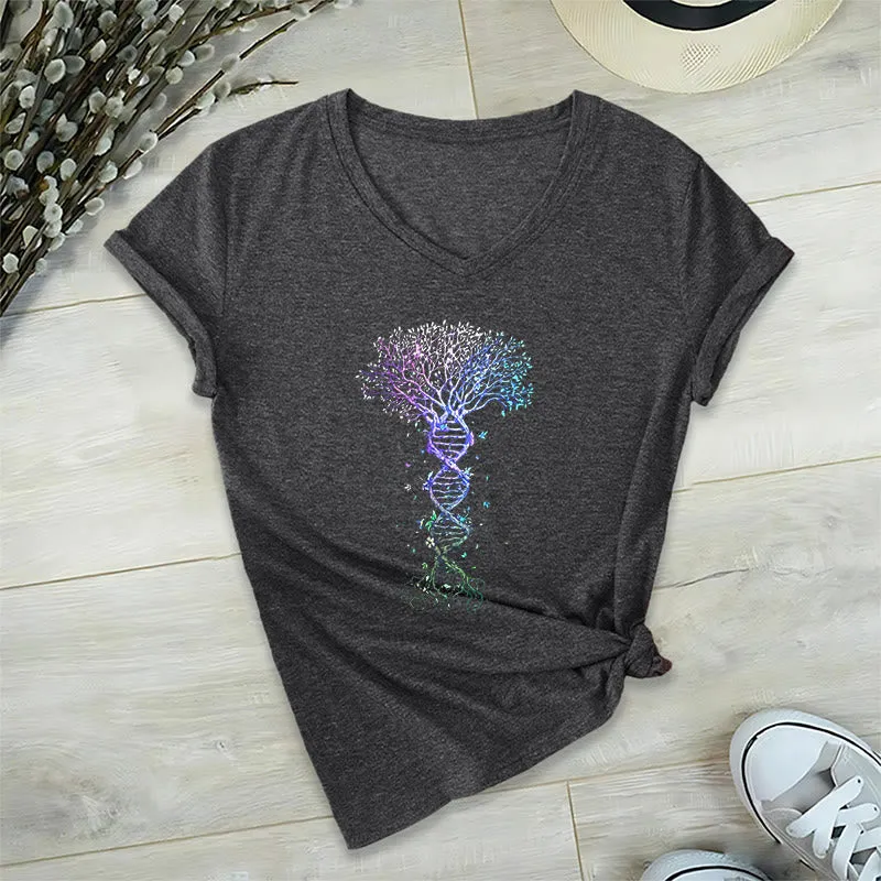 Olivenorma Boho Farbverlauf DNA Baum Lebens Kunstdruck Damen V-Ausschnitt T-Shirt