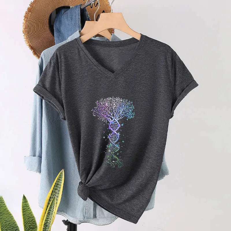 Olivenorma Boho Farbverlauf DNA Baum Lebens Kunstdruck Damen V-Ausschnitt T-Shirt
