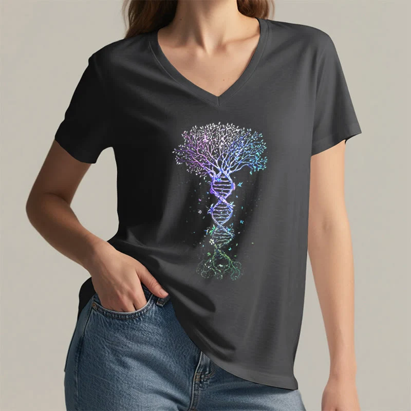 Olivenorma Boho Farbverlauf DNA Baum Lebens Kunstdruck Damen V-Ausschnitt T-Shirt