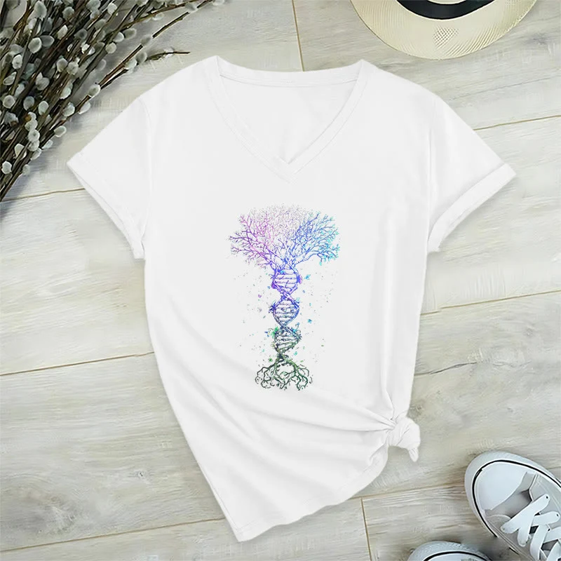 Olivenorma Boho Farbverlauf DNA Baum Lebens Kunstdruck Damen V-Ausschnitt T-Shirt
