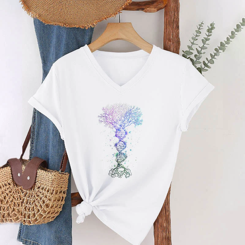Olivenorma Boho Farbverlauf DNA Baum Lebens Kunstdruck Damen V-Ausschnitt T-Shirt