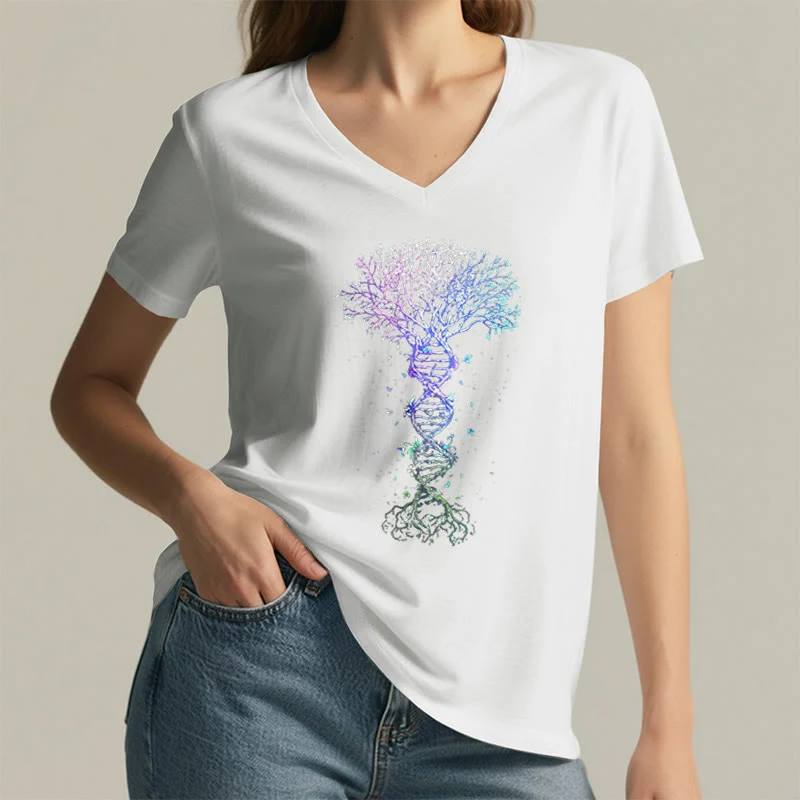 Olivenorma Boho Farbverlauf DNA Baum Lebens Kunstdruck Damen V-Ausschnitt T-Shirt