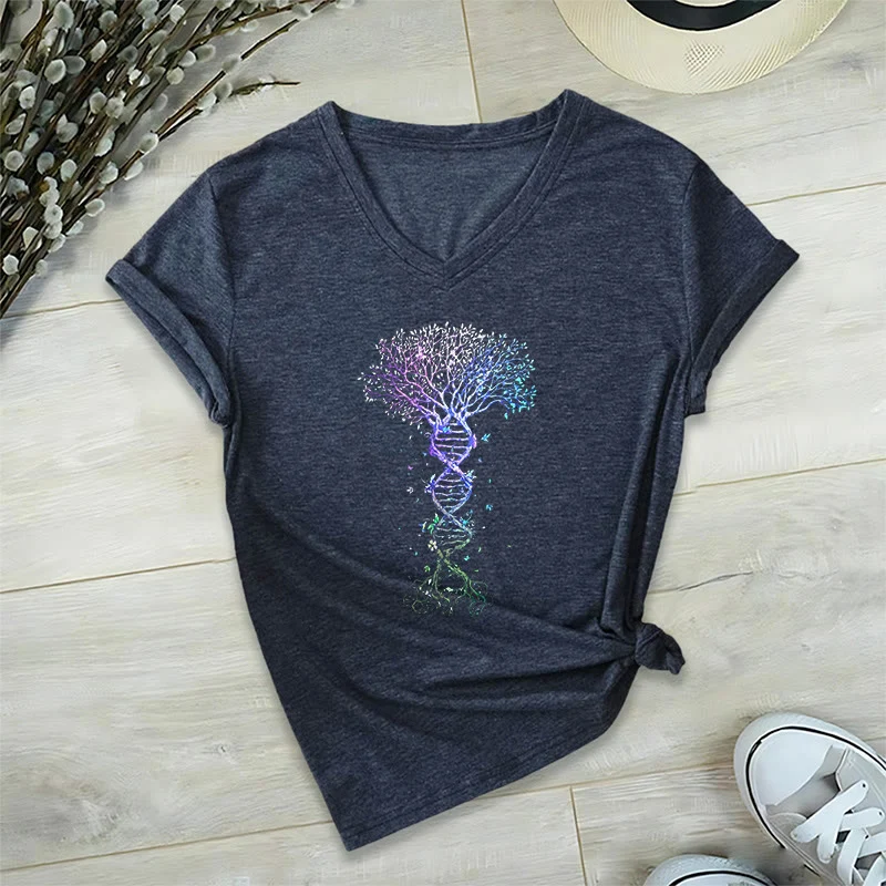 Olivenorma Boho Farbverlauf DNA Baum Lebens Kunstdruck Damen V-Ausschnitt T-Shirt