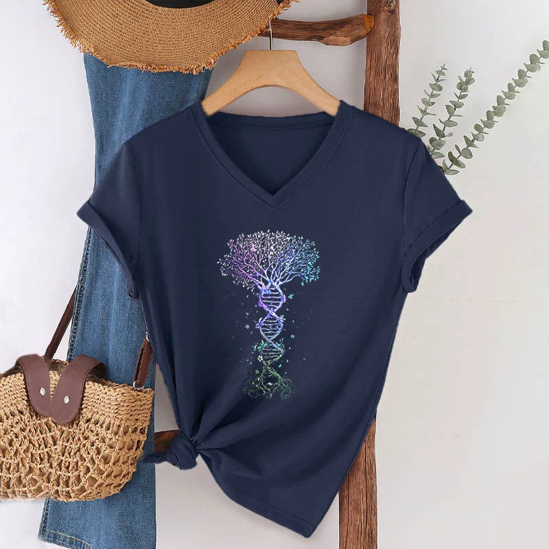 Olivenorma Boho Farbverlauf DNA Baum Lebens Kunstdruck Damen V-Ausschnitt T-Shirt