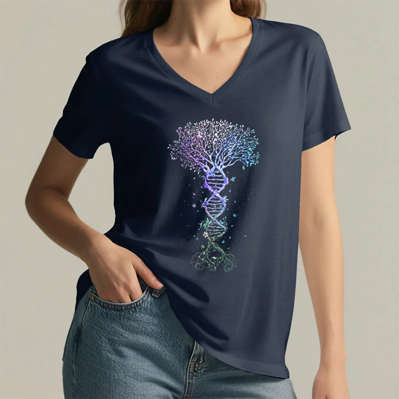 Olivenorma Boho Farbverlauf DNA Baum Lebens Kunstdruck Damen V-Ausschnitt T-Shirt