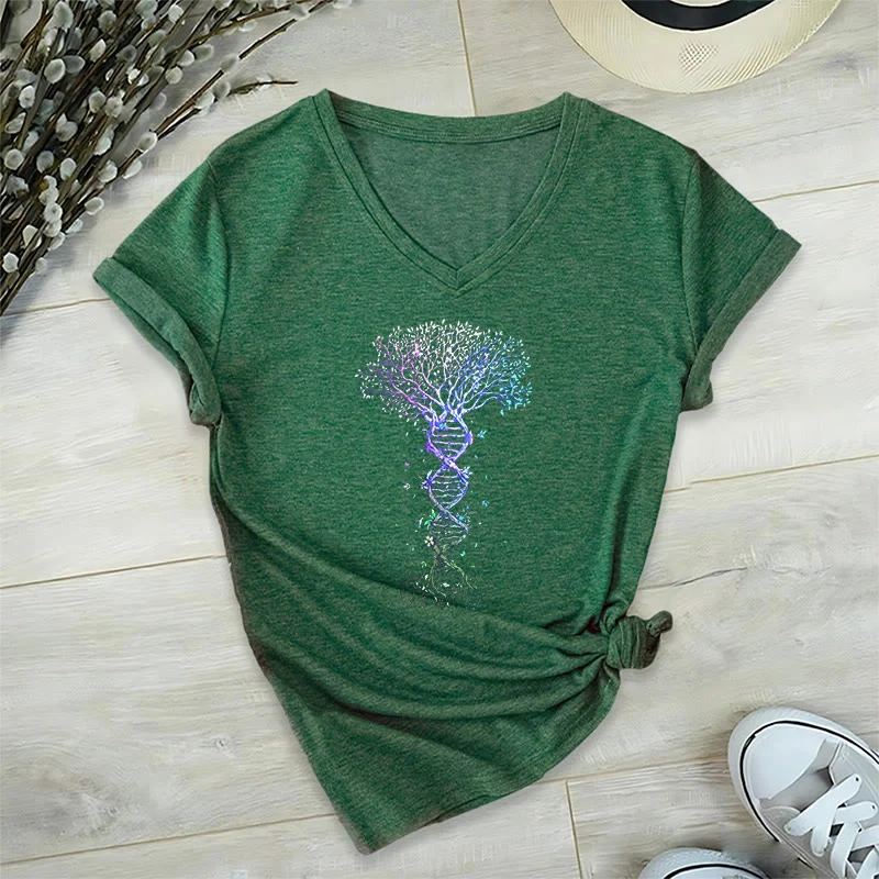 Olivenorma Boho Farbverlauf DNA Baum Lebens Kunstdruck Damen V-Ausschnitt T-Shirt