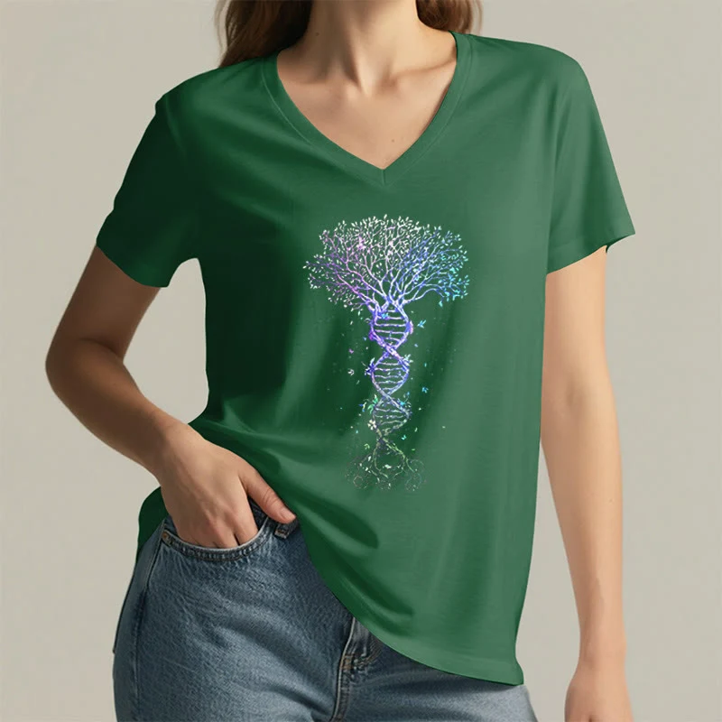 Olivenorma Boho Farbverlauf DNA Baum Lebens Kunstdruck Damen V-Ausschnitt T-Shirt