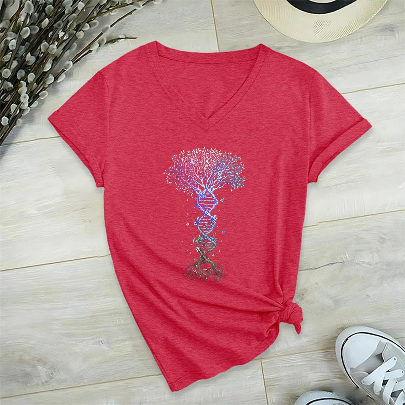 Olivenorma Boho Farbverlauf DNA Baum Lebens Kunstdruck Damen V-Ausschnitt T-Shirt
