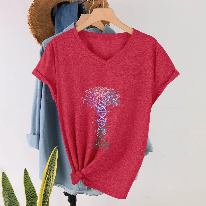 Olivenorma Boho Farbverlauf DNA Baum Lebens Kunstdruck Damen V-Ausschnitt T-Shirt