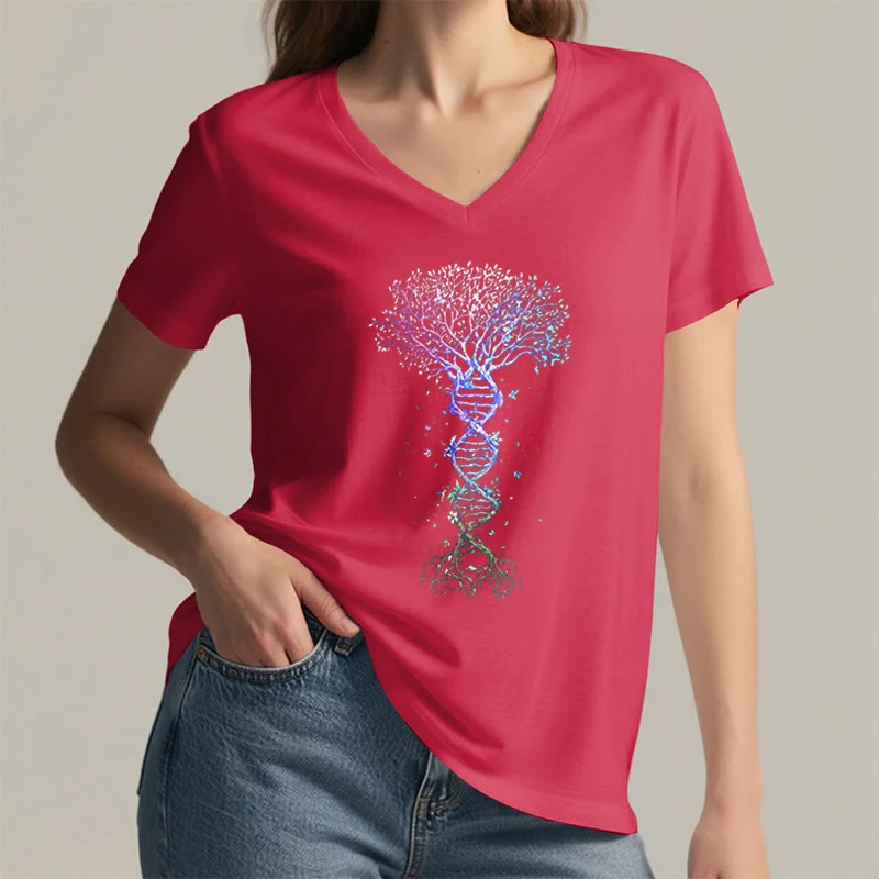 Olivenorma Boho Farbverlauf DNA Baum Lebens Kunstdruck Damen V-Ausschnitt T-Shirt