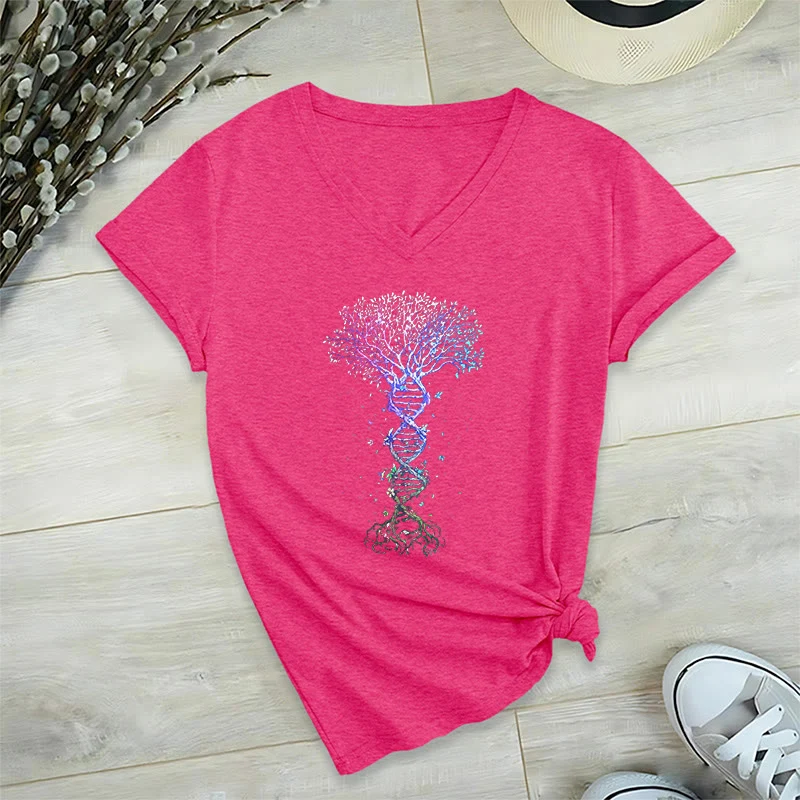 Olivenorma Boho Farbverlauf DNA Baum Lebens Kunstdruck Damen V-Ausschnitt T-Shirt