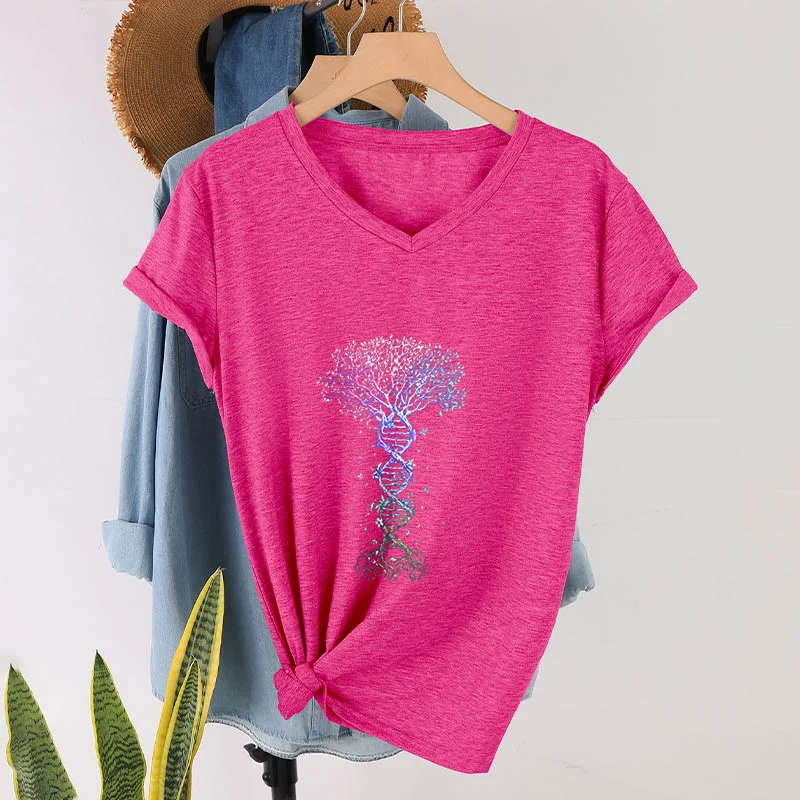 Olivenorma Boho Farbverlauf DNA Baum Lebens Kunstdruck Damen V-Ausschnitt T-Shirt