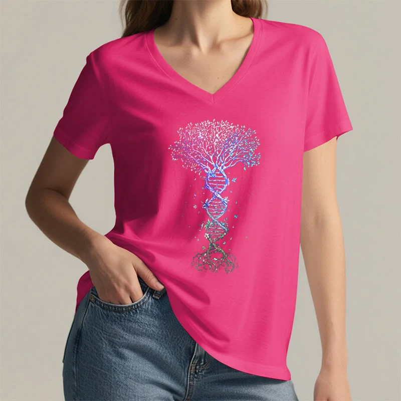 Olivenorma Boho Farbverlauf DNA Baum Lebens Kunstdruck Damen V-Ausschnitt T-Shirt